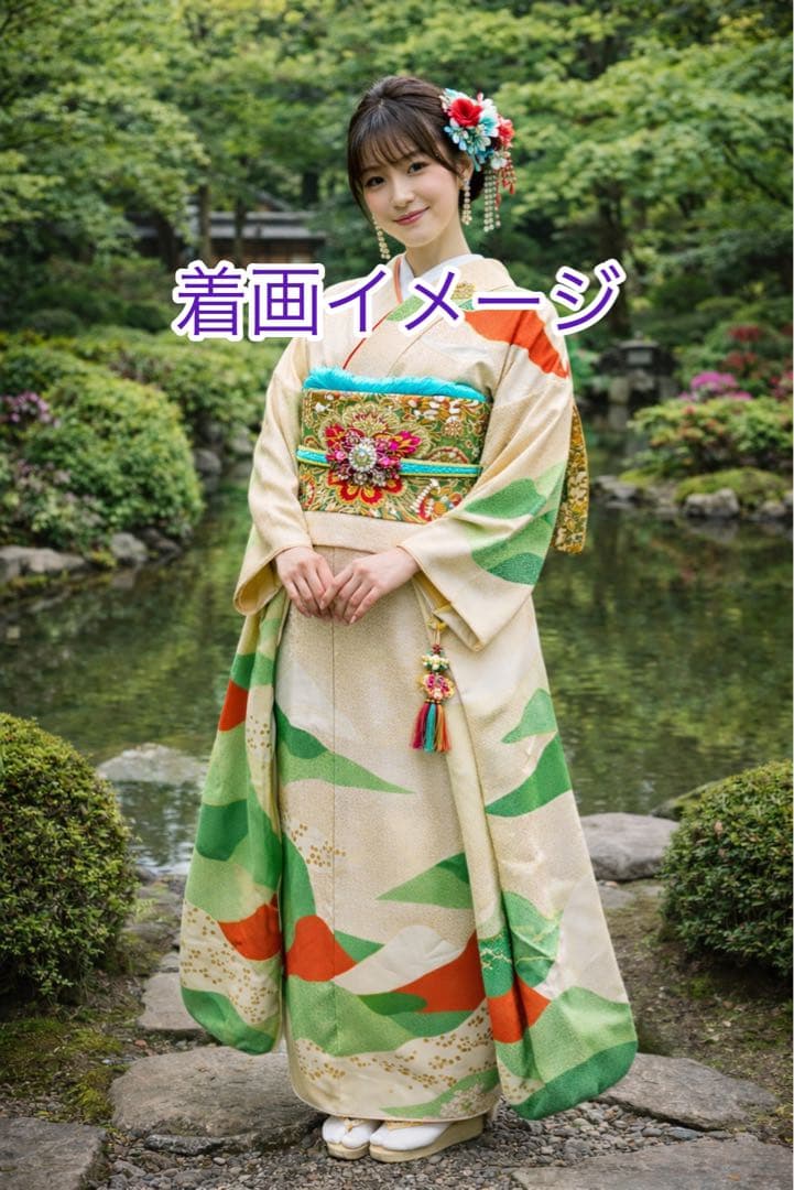 最終お値下げ振袖セット 振袖＋正絹袋帯 六通 生成り×緑×朱 金箔散らし
