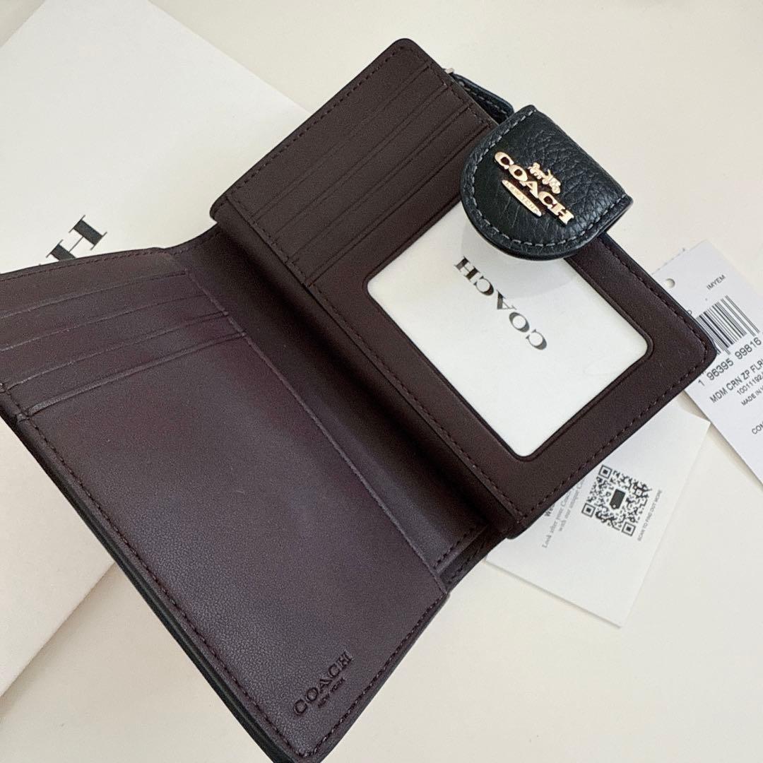 COACH コーチ　二つ折り財布　ブラック　レッド花柄　ローズ柄　赤色　折り財布