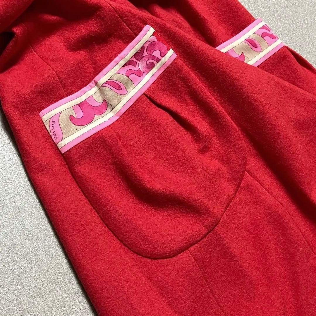 LEONARD ノーカラー ダブルブレスト ロングコート 花柄 赤 レオナール