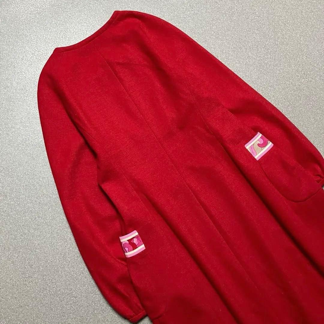 LEONARD ノーカラー ダブルブレスト ロングコート 花柄 赤 レオナール