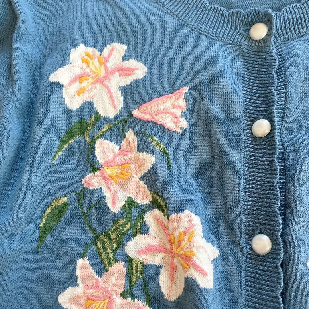 美品ピンクハウス♡リリー柄編み込みカーディガン半袖ブルー青花柄刺繍フリーニット綿