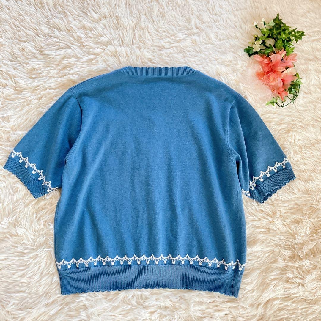 美品ピンクハウス♡リリー柄編み込みカーディガン半袖ブルー青花柄刺繍フリーニット綿