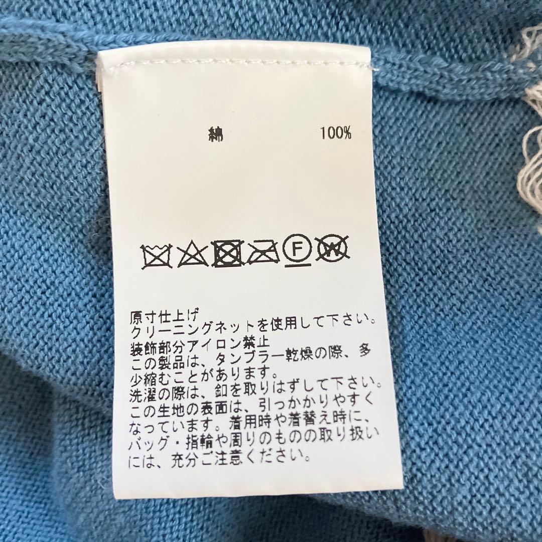 美品ピンクハウス♡リリー柄編み込みカーディガン半袖ブルー青花柄刺繍フリーニット綿