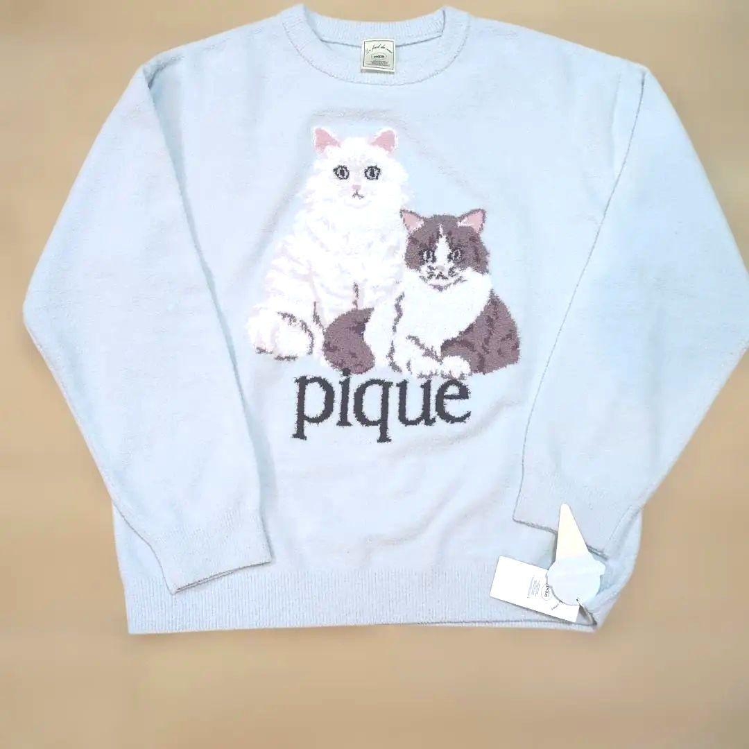 ジェラートピケ　水色　pique 猫柄　 クルーネックルームウェア　新作