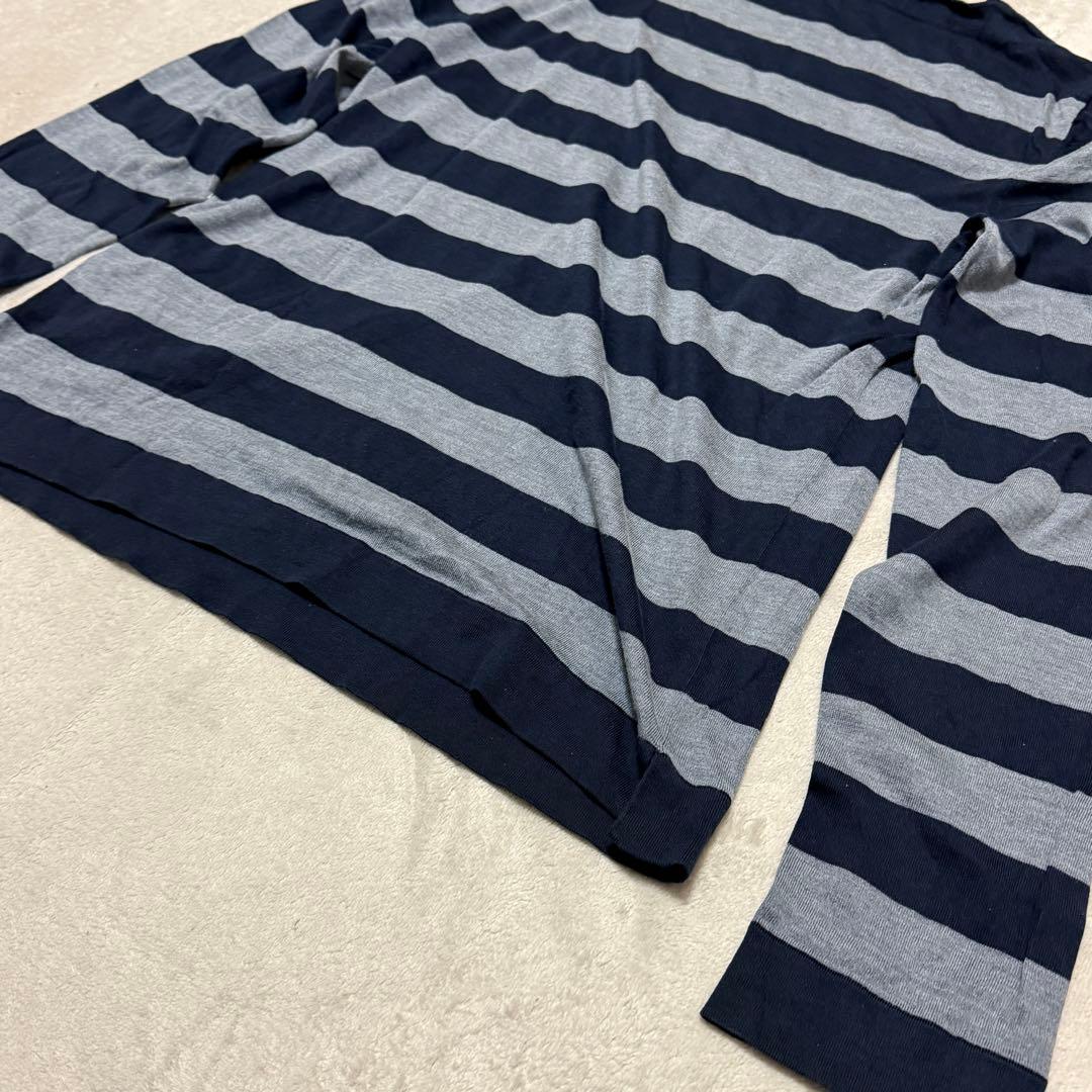 美品　グッチ　長袖ボーダーシャツ　シルク混　ロゴ　M グレー　ネイビー