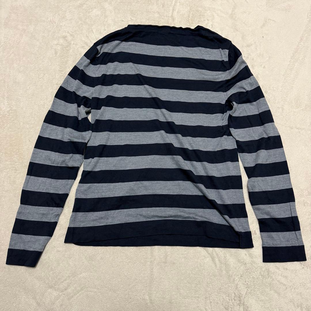 美品　グッチ　長袖ボーダーシャツ　シルク混　ロゴ　M グレー　ネイビー