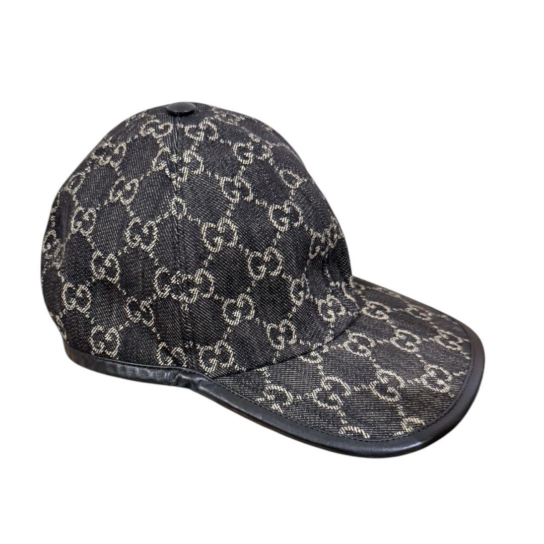 【希少】 GUCCI GG柄 キャップ ブラック レザー切替 美品 正規品 M