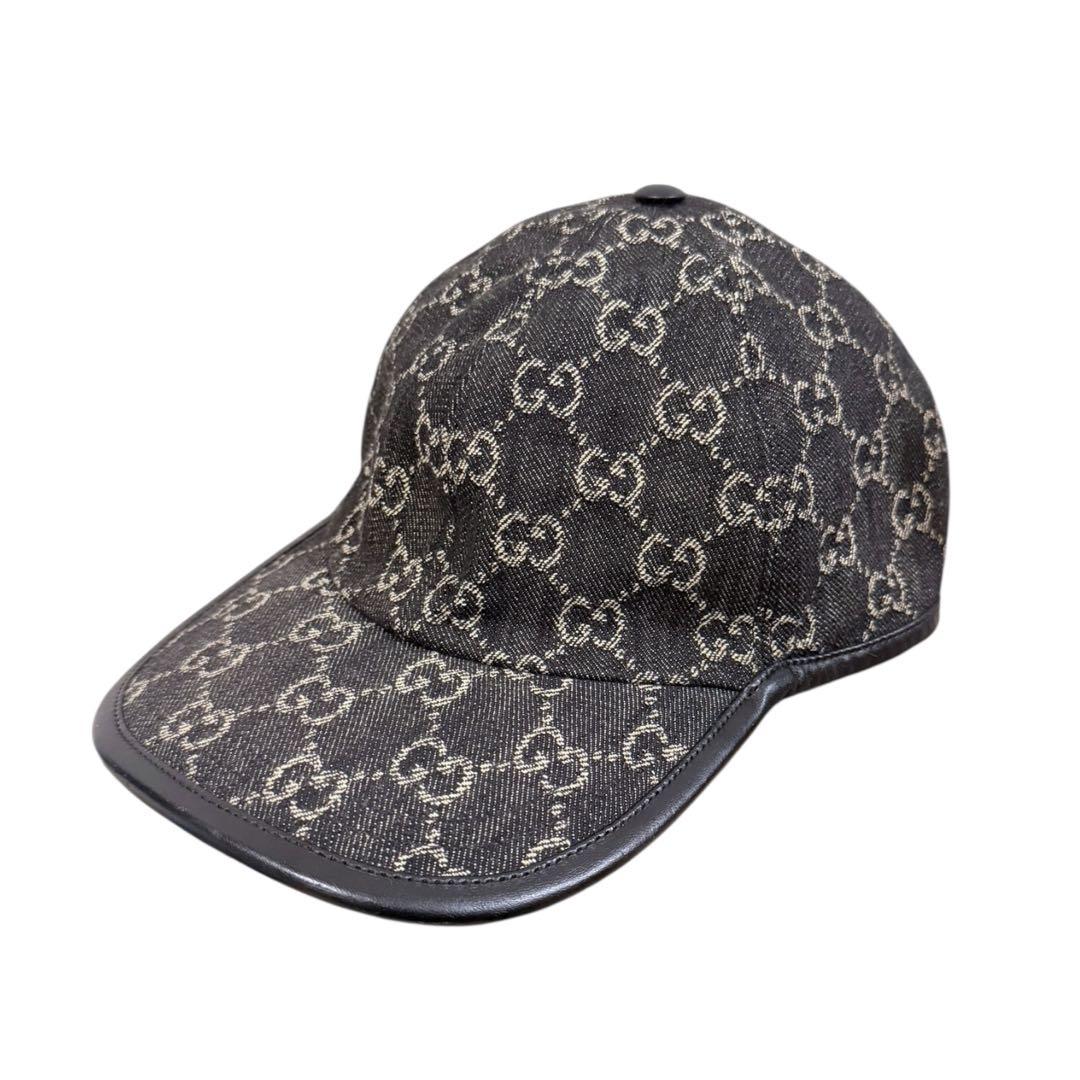 【希少】 GUCCI GG柄 キャップ ブラック レザー切替 美品 正規品 M