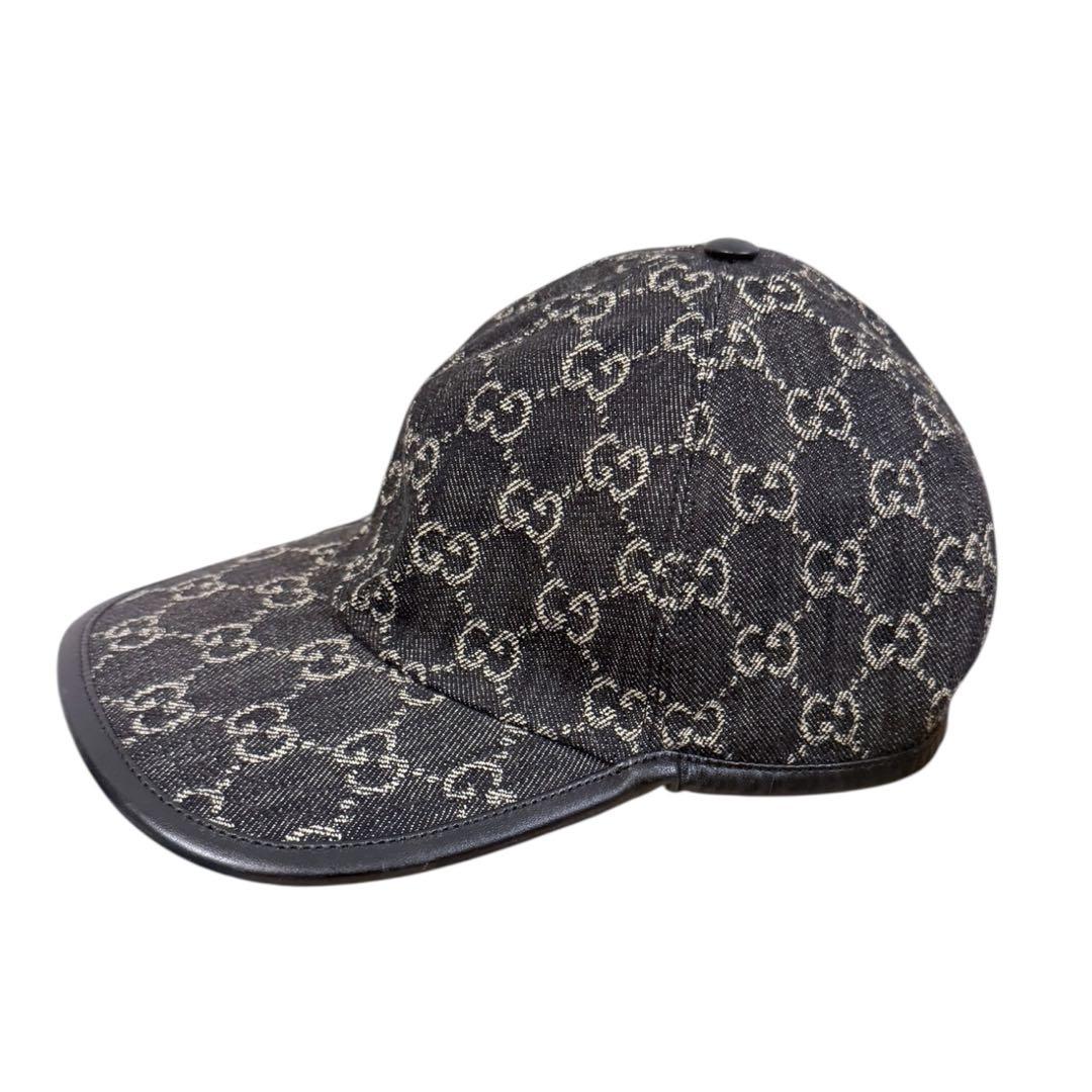 【希少】 GUCCI GG柄 キャップ ブラック レザー切替 美品 正規品 M