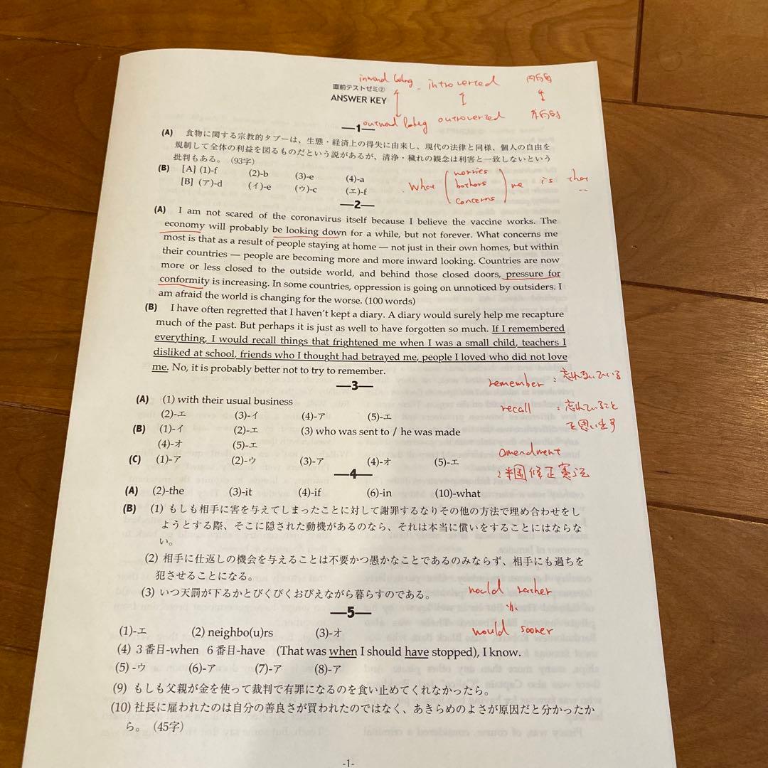 東大特進英語　通年テキスト、添削課題、テストゼミの問題と解答