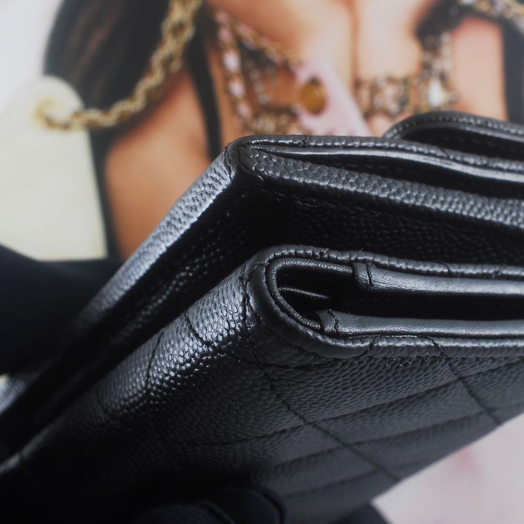 シャネル＊CHANEL＊キャビアスキン＊マトラッセ＊三つ折り財布＊ブラック＊ココ