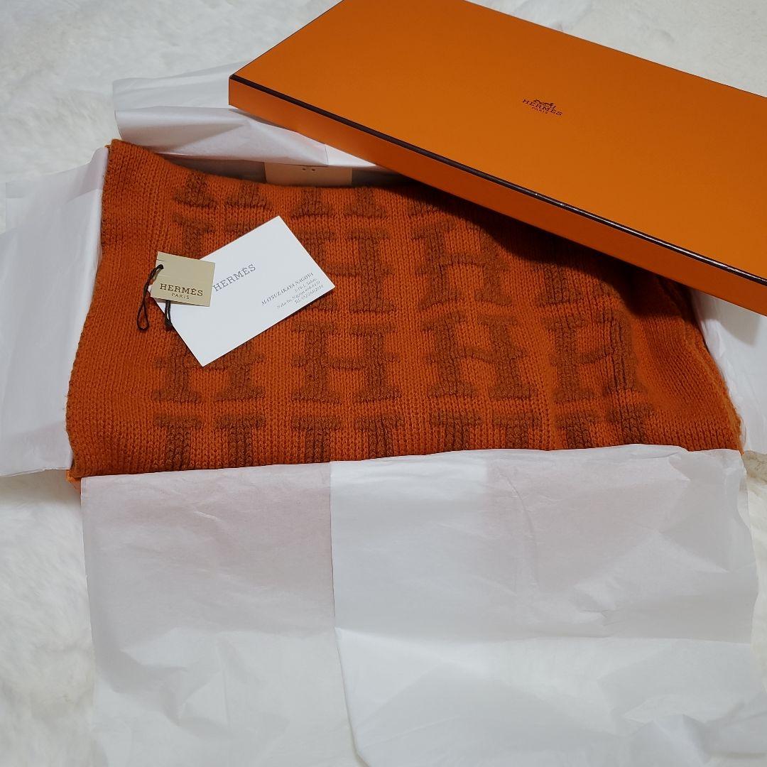 HERMÈS カシミヤHマーク Hロゴ オレンジマフラー ストール