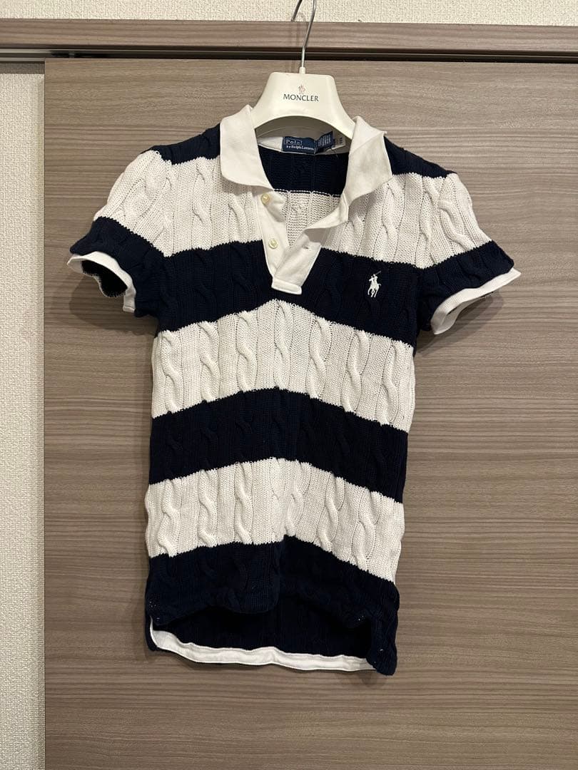Polo Ralph Laurenケーブルニット半袖ポロシャツ ネイビーホワイト