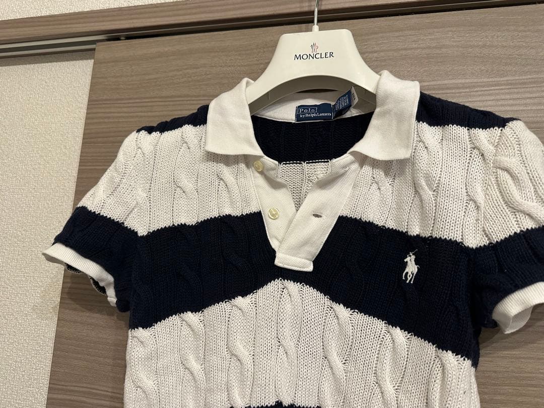 Polo Ralph Laurenケーブルニット半袖ポロシャツ ネイビーホワイト