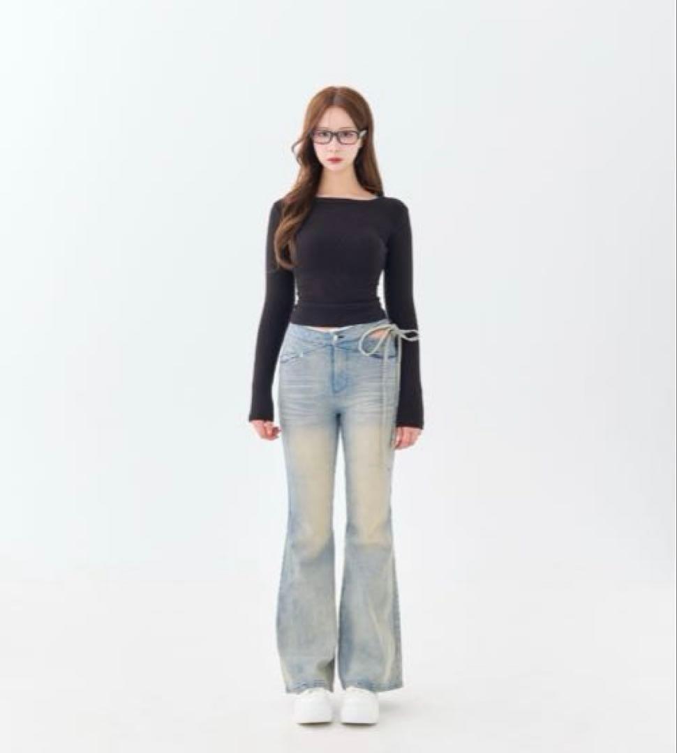 パンツ andwang Corset CutOut Ribbon Flare Denim