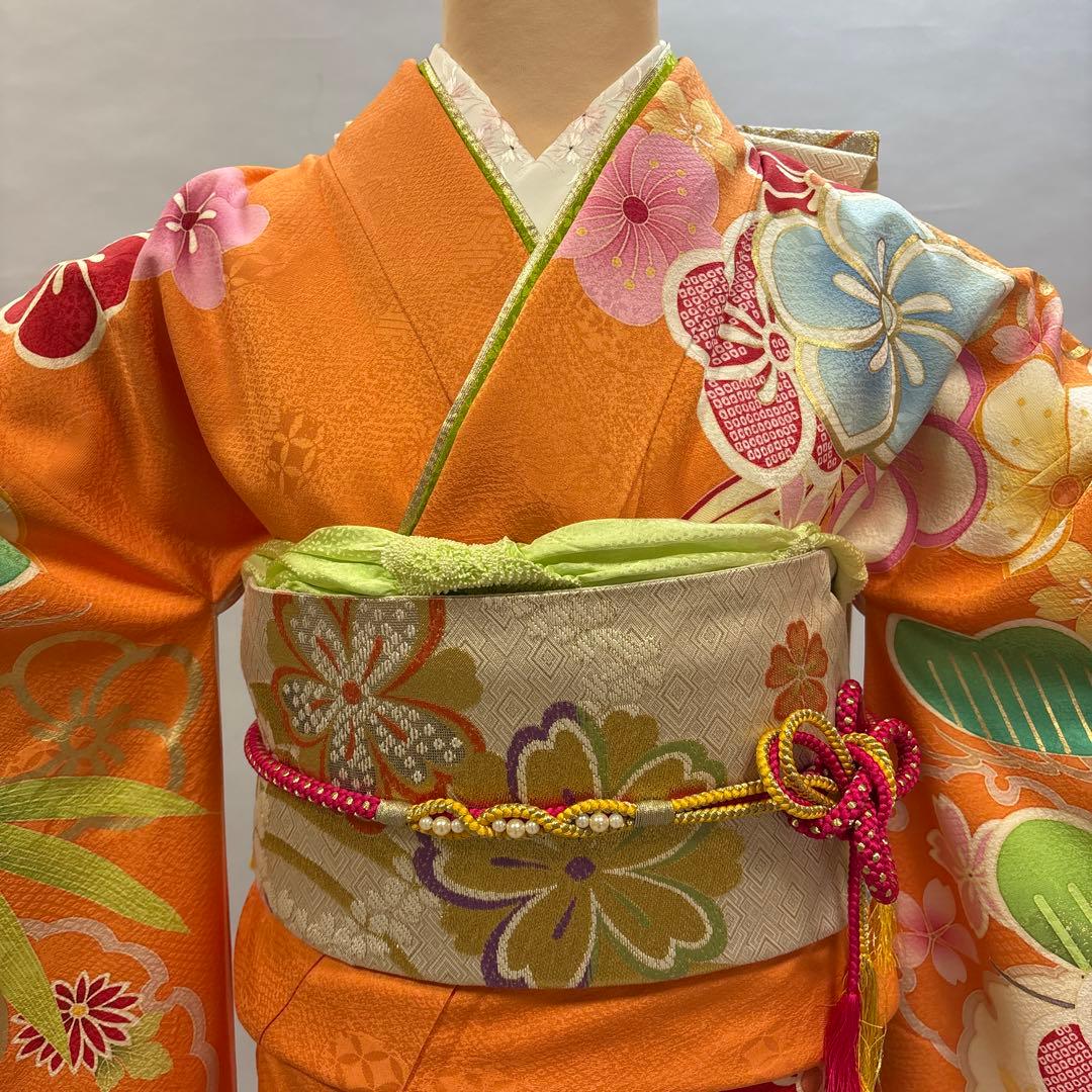 オレンジ　振袖フルセット　正絹