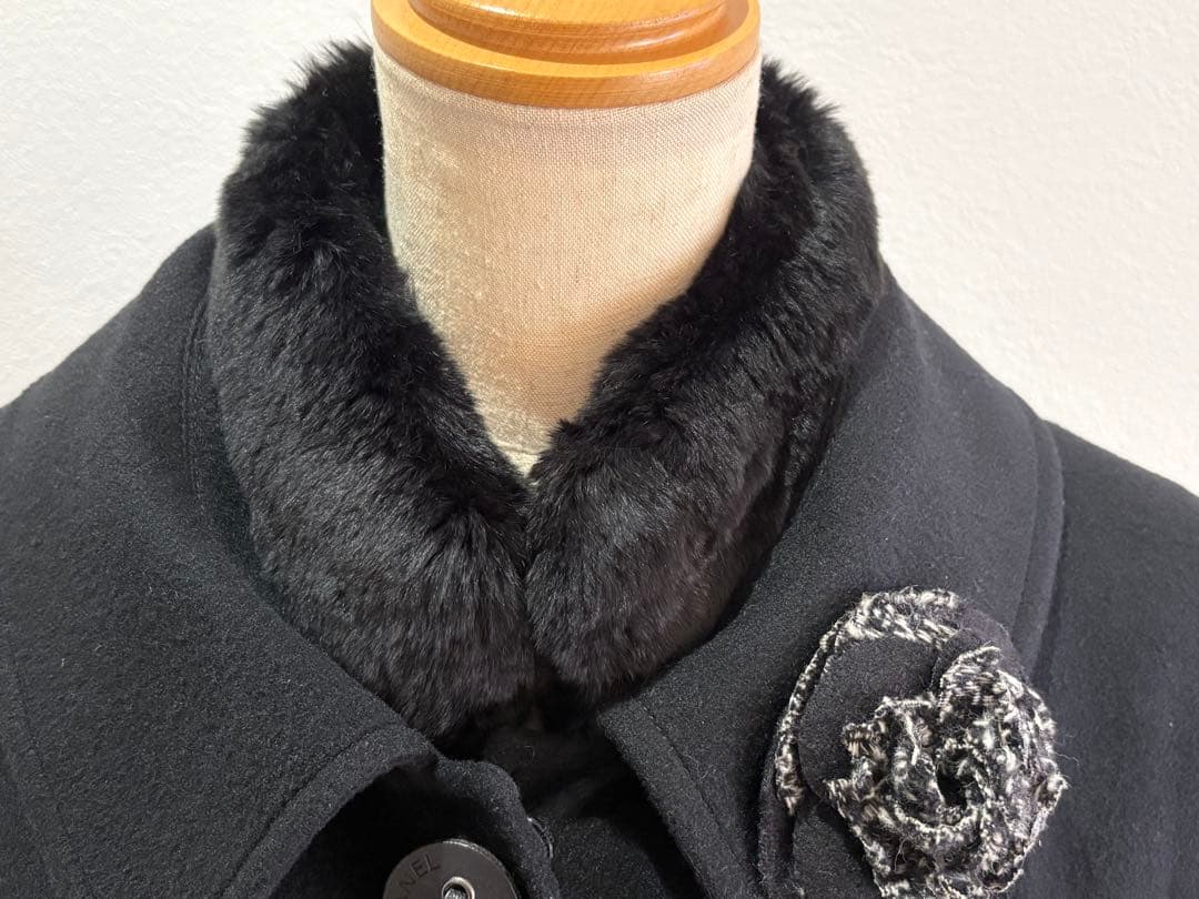 CHANEL カシミヤ ロングコート ファー 40 ブラック 美品