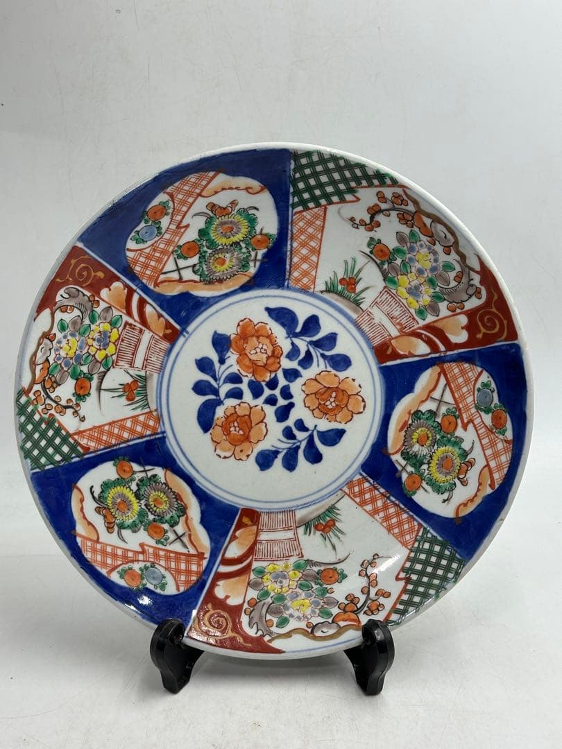 明治頃 古伊万里 有田焼 大皿 染錦牡丹菊花図 山徳窯印 直径30cm飾皿 6枚