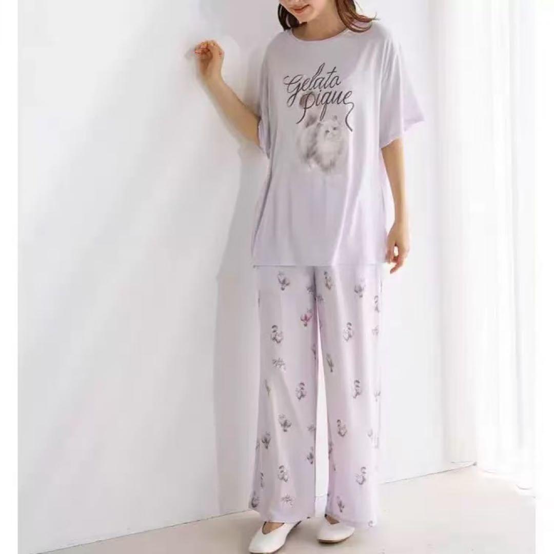 ジェラートピケ CAT柄ワンポイントTシャツ&ロングパンツ上下セット