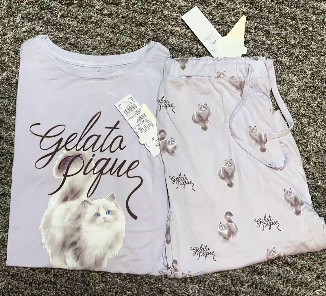 ジェラートピケ CAT柄ワンポイントTシャツ&ロングパンツ上下セット