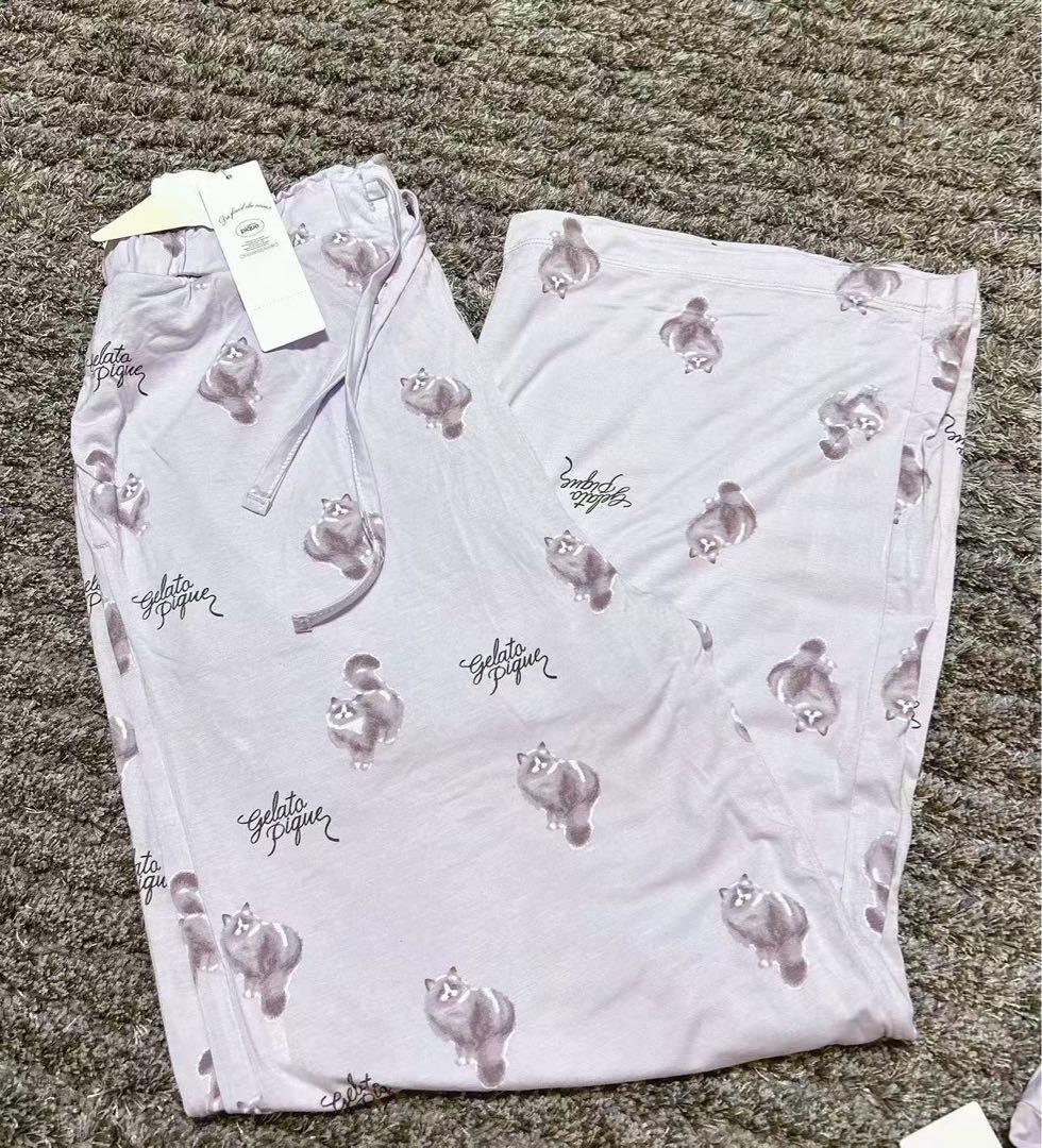 ジェラートピケ CAT柄ワンポイントTシャツ&ロングパンツ上下セット