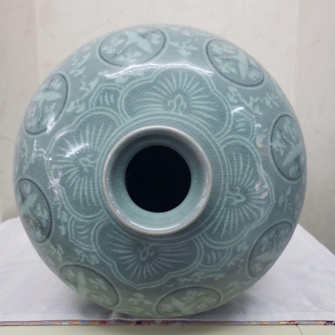 蔵出し特価　青磁 鶴模様 陶器 花瓶　作家物海剛作桐箱あり48cm