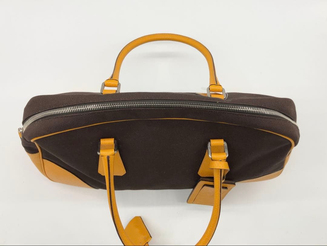 PRADA 三角ロゴプレート キャンバス レザー ミニボストン ハンドバッグ
