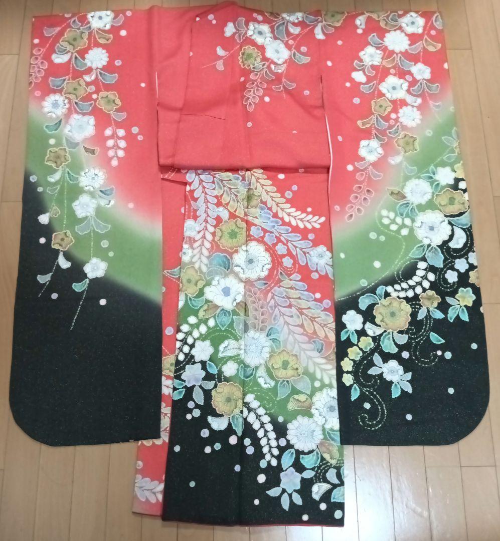 正絹　振袖　長襦袢　辻が花　朱　緑　黒　ラメ