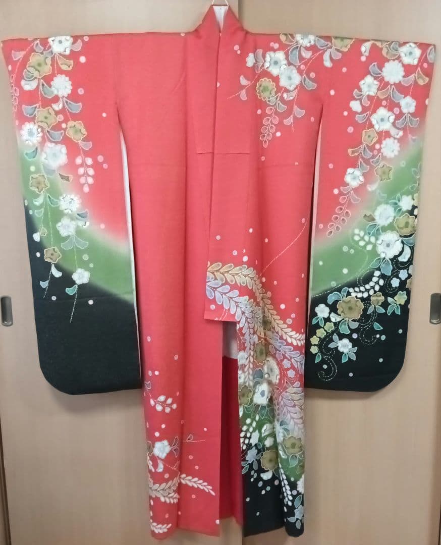 正絹　振袖　長襦袢　辻が花　朱　緑　黒　ラメ