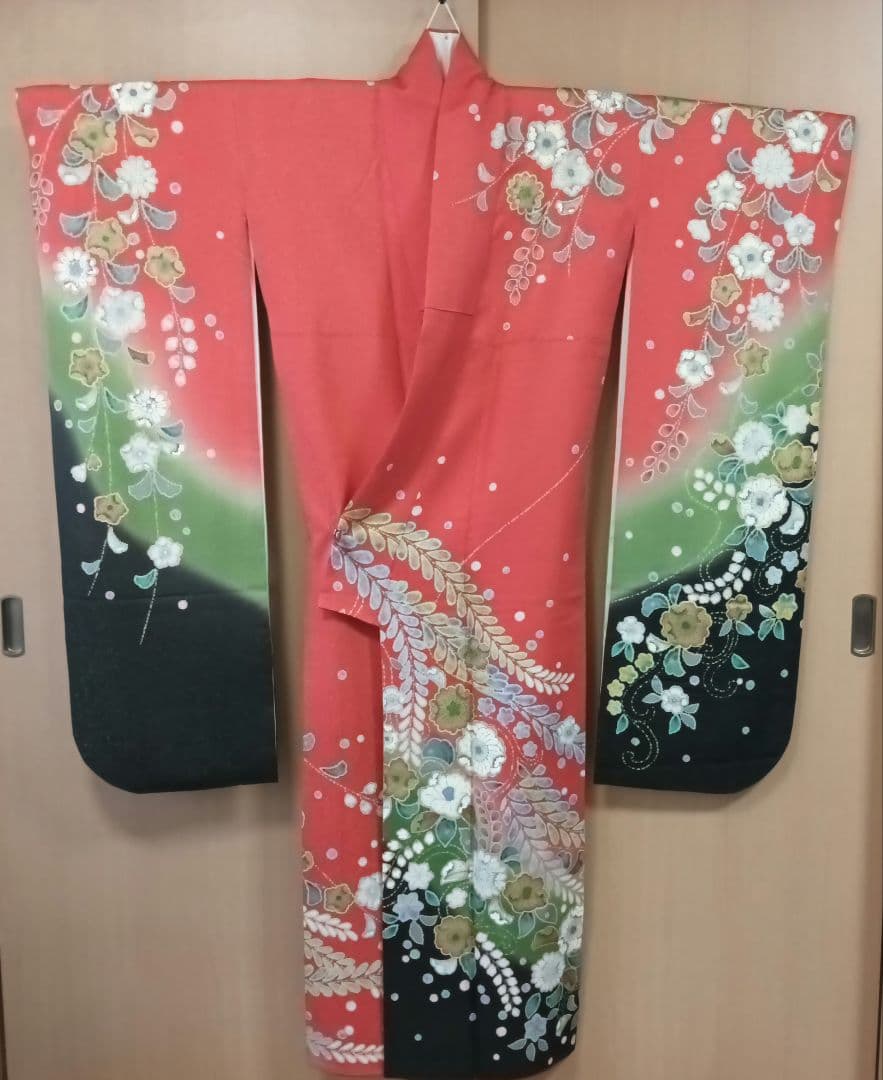 正絹　振袖　長襦袢　辻が花　朱　緑　黒　ラメ