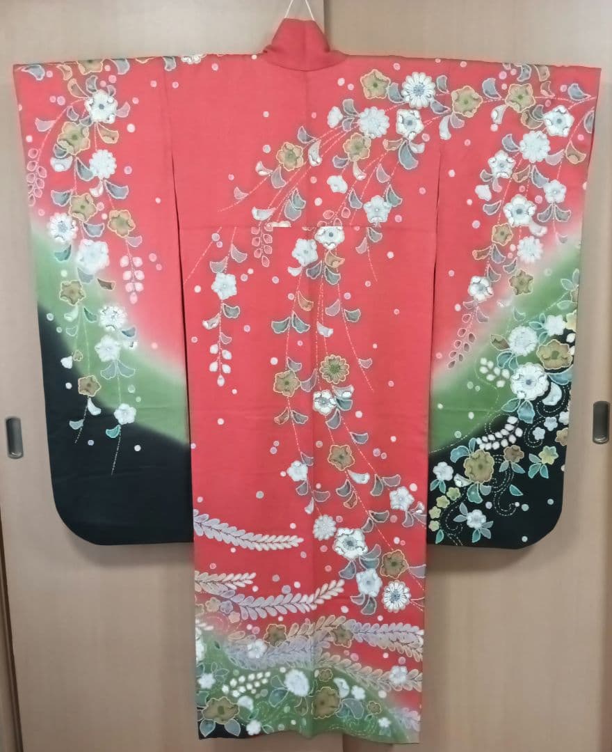 正絹　振袖　長襦袢　辻が花　朱　緑　黒　ラメ