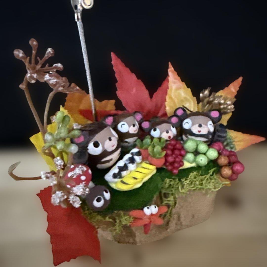どんぐりアート♡クリスマス2点　たぬきちゃんメモスタンドオブジェ♡