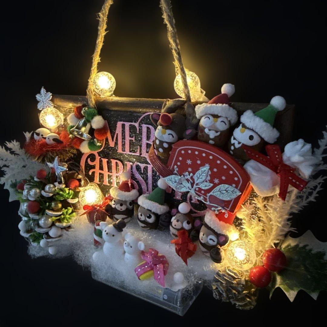 どんぐりアート♡クリスマス2点　たぬきちゃんメモスタンドオブジェ♡