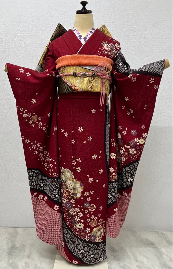 振り袖　フルセット　別誂長襦袢　金彩加工　刺繍　金通し　絞り入 全通袋帯　827