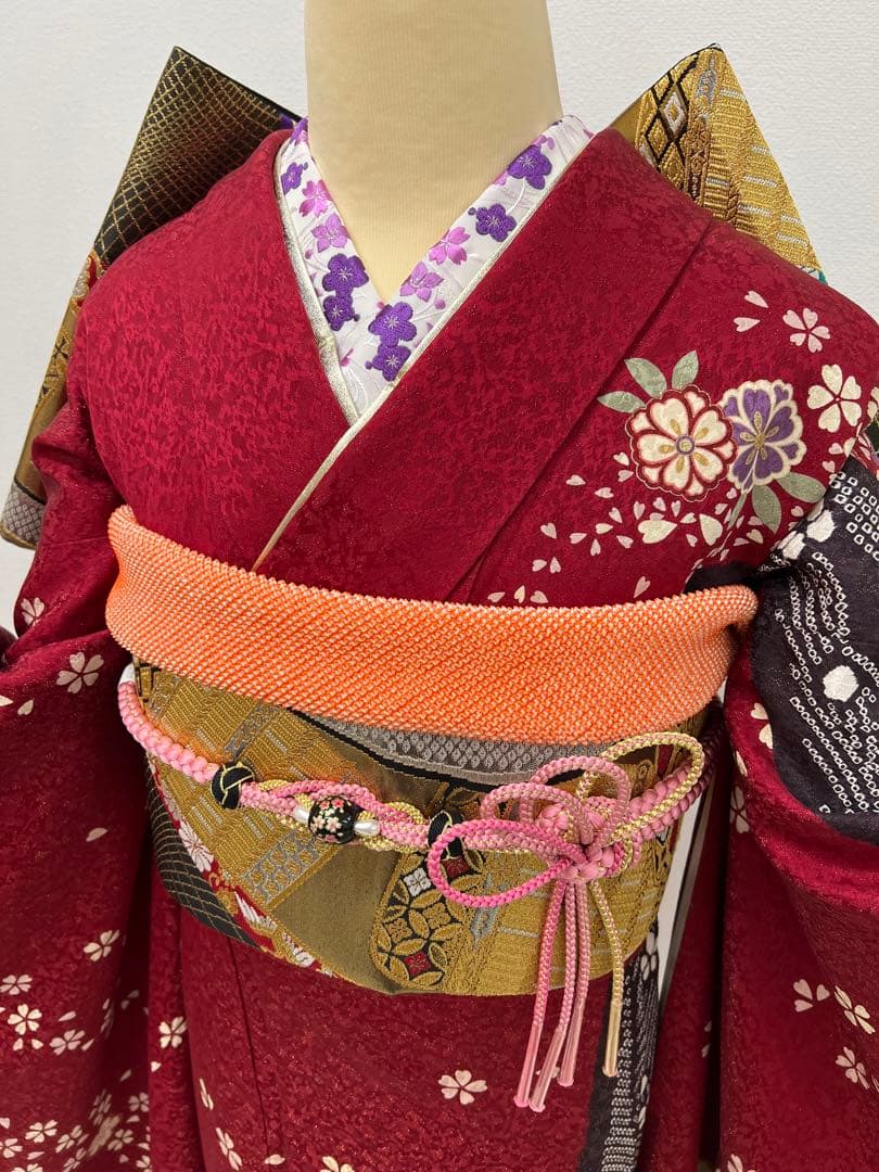 振り袖　フルセット　別誂長襦袢　金彩加工　刺繍　金通し　絞り入 全通袋帯　827