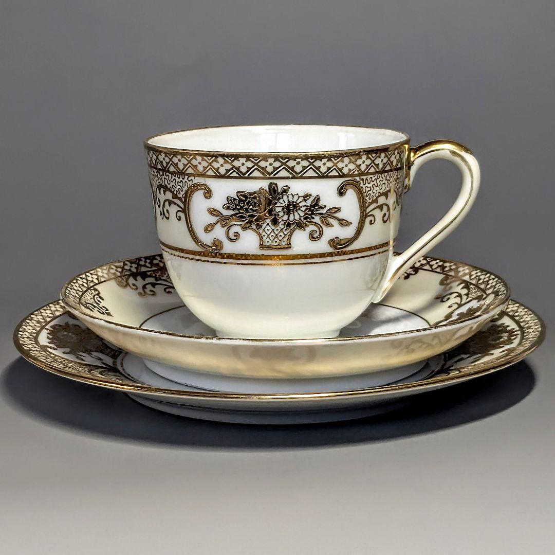 美品✨オールドノリタケ金盛上花籠装飾図紋　キャビネットトリオ マルキ印