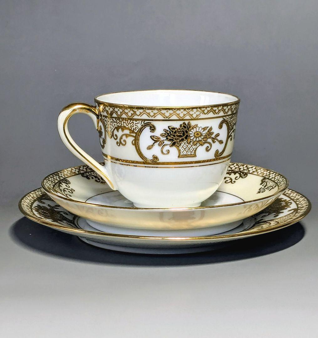 美品✨オールドノリタケ金盛上花籠装飾図紋　キャビネットトリオ マルキ印