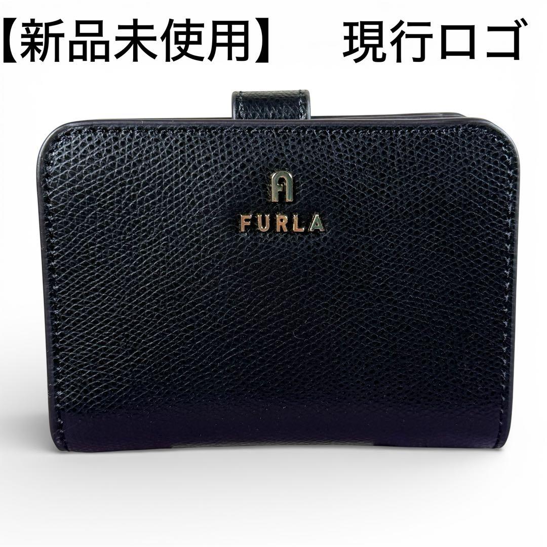 【新品】FURLA 二つ折り財布 ブラック 黒 レザー ゴールド金具 シボ革