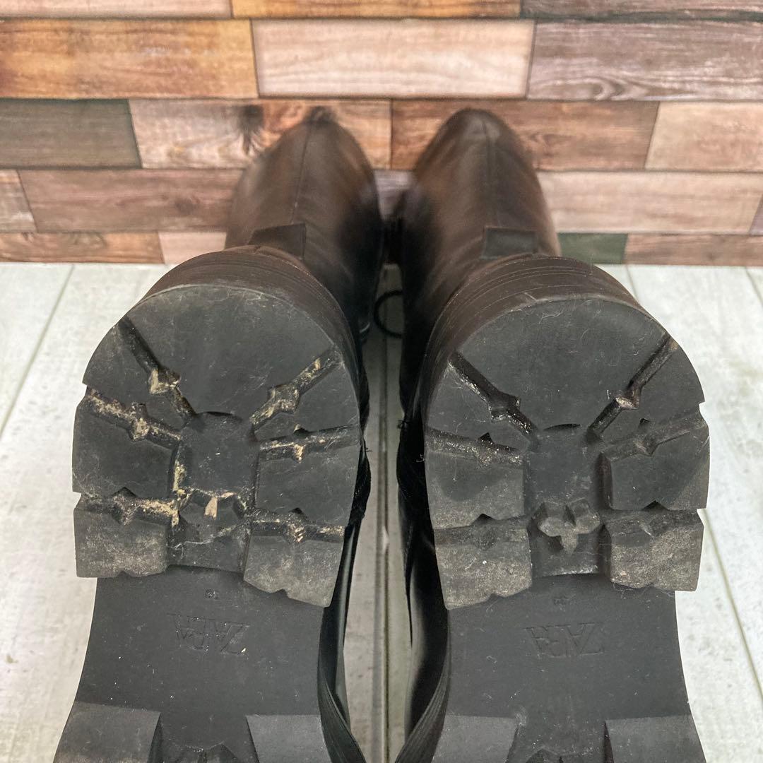 ザラ　ZARA　厚底 レースアップロングブーツ　25cm　サイドジップ　ブラック