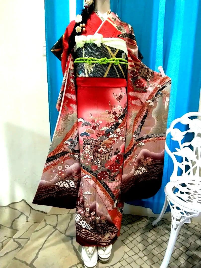 振袖フルセット、正絹鈴乃屋、成人式半襟、帯揚げ帯締め、西陣袋帯、襦袢、ガード加工