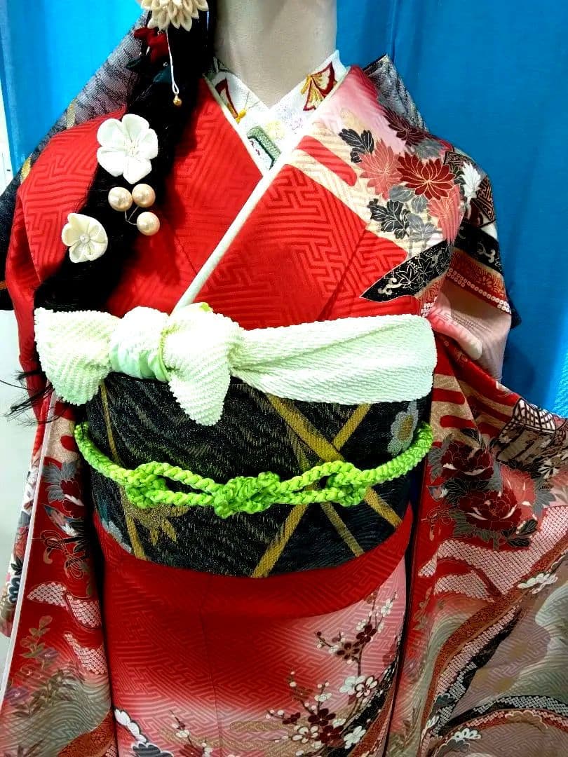 振袖フルセット、正絹鈴乃屋、成人式半襟、帯揚げ帯締め、西陣袋帯、襦袢、ガード加工