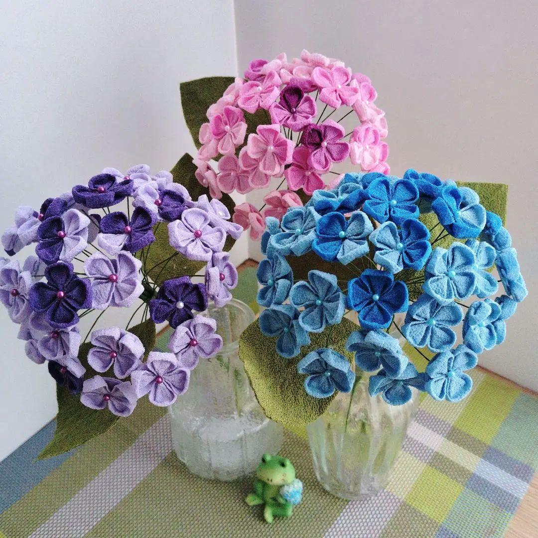 ムッチ　紫陽花　あじさい　つまみ細工　ちりめん細工　青系ピンク系　紫系