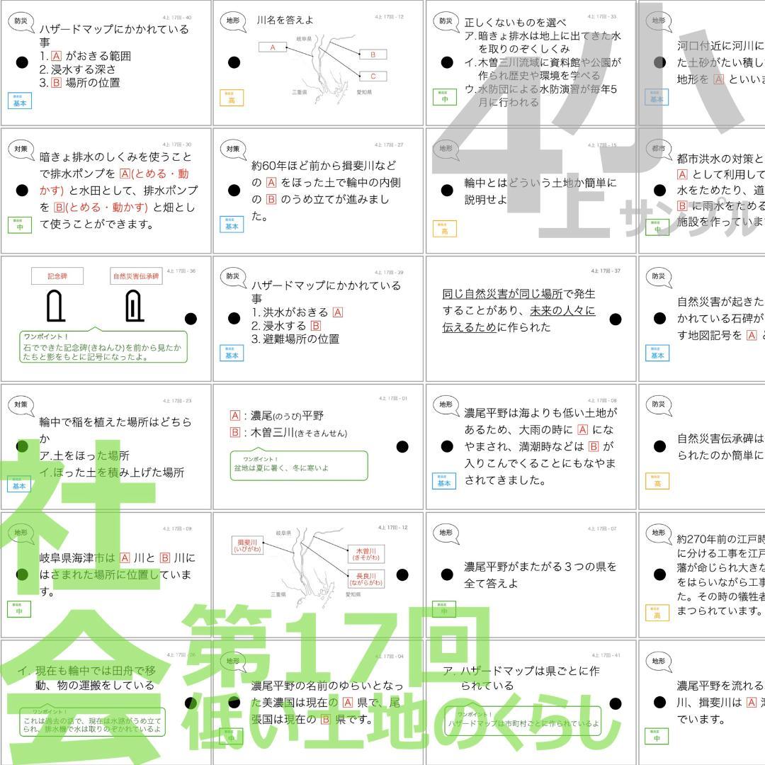 中学受験 暗記カード【4年上 社会 全セット 社会 1-19回】組分けテスト対策