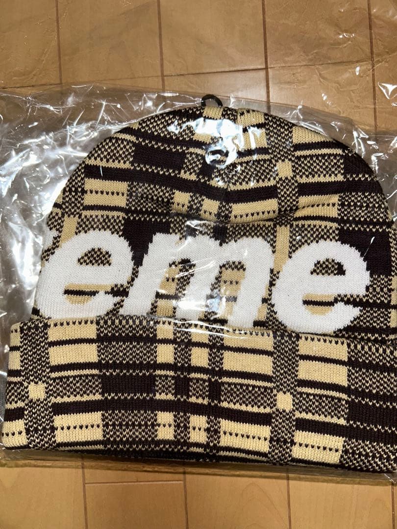 Supreme Big Logo Beanie Tan Plaid ビーニー