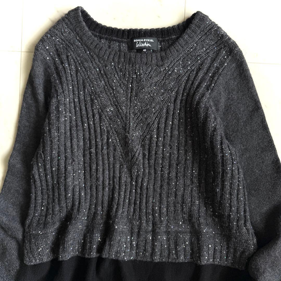 美品 ソニアリキエル アルパカ混 スパンコールニットワンピース 40 グレー×黒