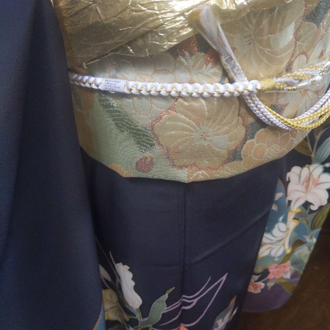479 濃紺　金銀　百合蝶　正絹振袖6点フルセット成人式卒業式謝恩会結婚式