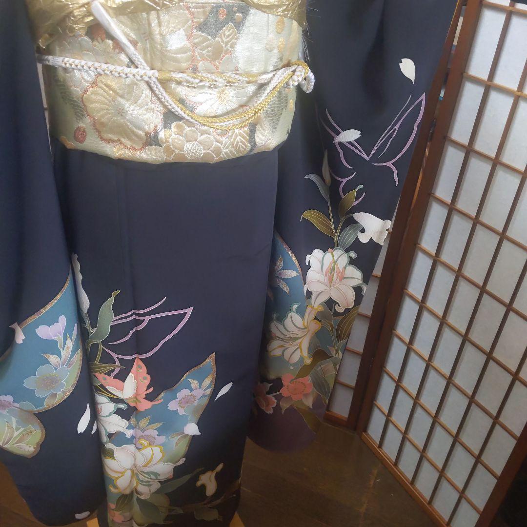 479 濃紺　金銀　百合蝶　正絹振袖6点フルセット成人式卒業式謝恩会結婚式