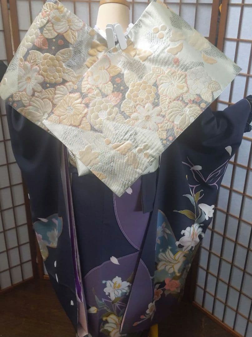 479 濃紺　金銀　百合蝶　正絹振袖6点フルセット成人式卒業式謝恩会結婚式
