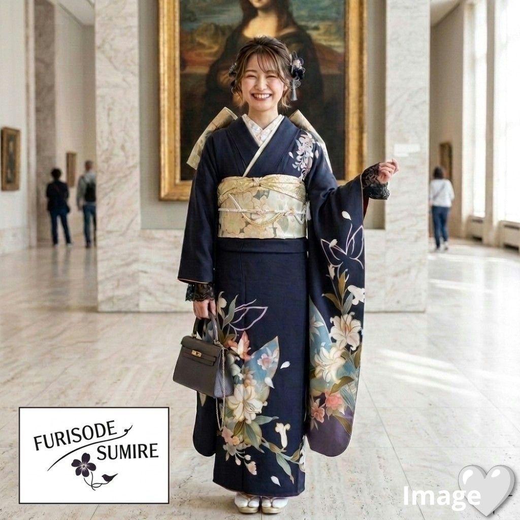 479 濃紺　金銀　百合蝶　正絹振袖6点フルセット成人式卒業式謝恩会結婚式
