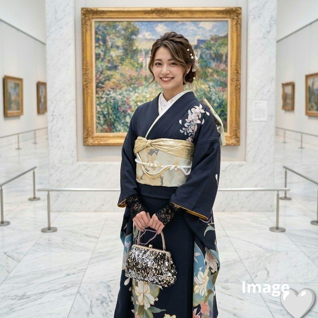 479 濃紺　金銀　百合蝶　正絹振袖6点フルセット成人式卒業式謝恩会結婚式